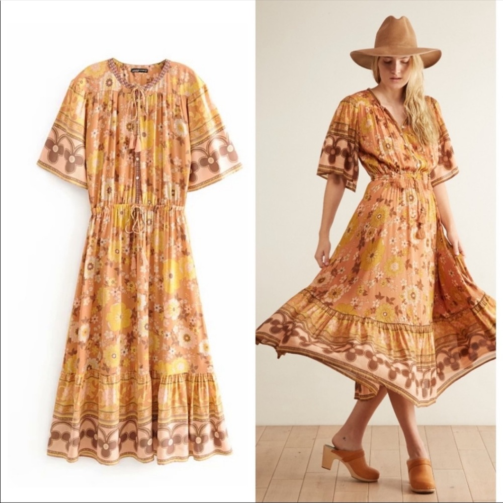 Boho 60’s Floral Gypsy Print Midi Dress Yellow